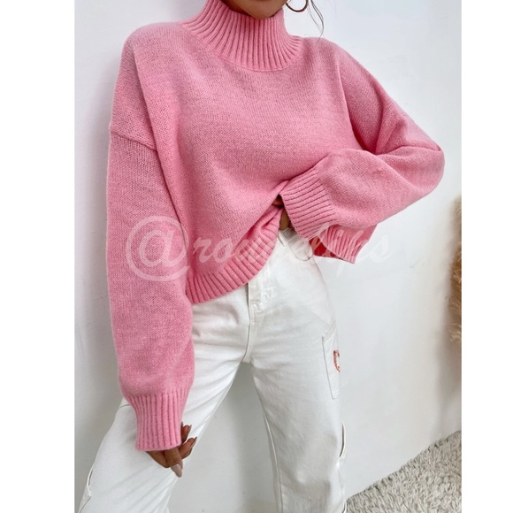 Pink Turtleneck Oversized Pullover Knit Sweater Drop Shoulder - Picture 2 of 8